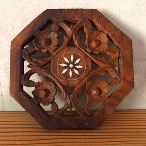 Vintage Hand-Carved Wooden Trivet w/ Flower Detail